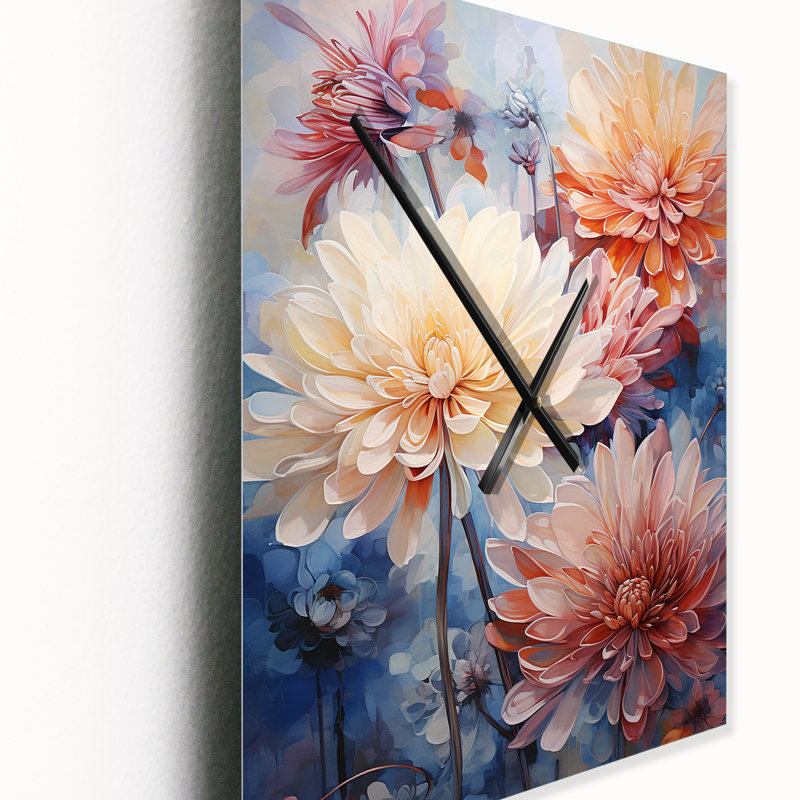 Minimalisme blanc et corail - Chrysanthemums horloge murale, Grand