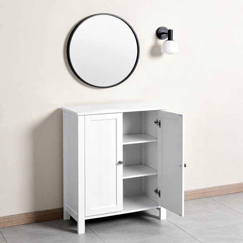 White Bathroom Floor Storage Cabinet With Double Doors & Adjustable Shelf