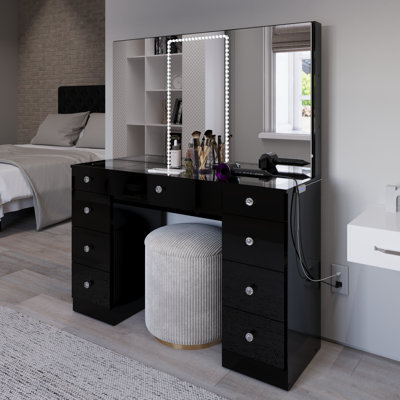 Boahaus Lily Large Makeup Vanity Desk with Wide Cabinet Mirrors, Glass Top and LED lights by Boahaus LLC