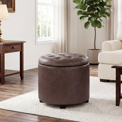 18" Round Faux Leather Storage Ottoman With Tufted Cushion