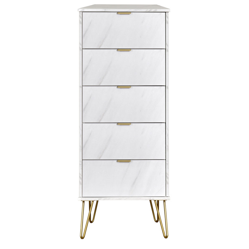 Fully Assembled Suri 5 Drawer 45Cm W, White Marble