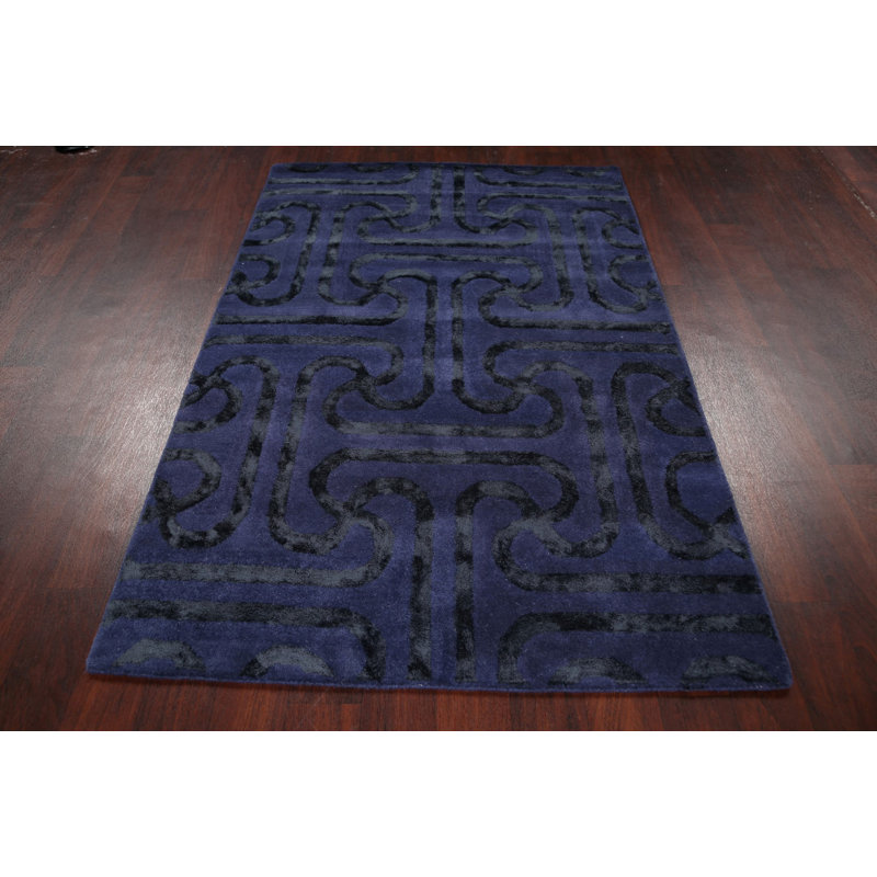 Tapis bleu marine en laine / soie touffeté à la main Frackville