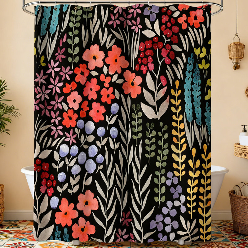 Rideau de douche imperméable 1 pièce à impression numérique 3D, rideau de douche décoratif Botanical Watercolor Flower, 70,86 x 70,86 avec crochets