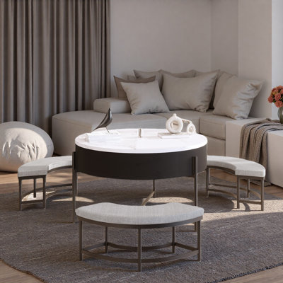 Modern Round Lift-top Coffee Table With Storage Space & 3 Ottoman