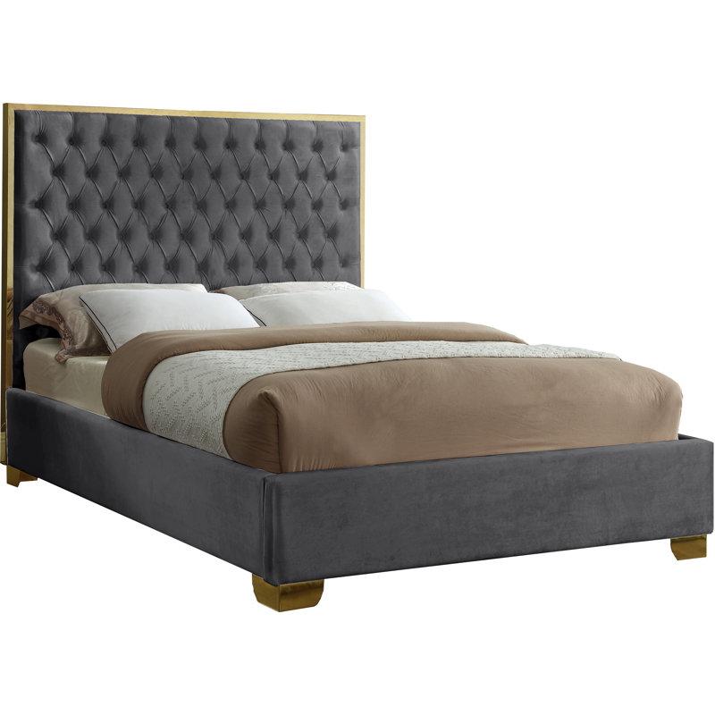 Spadaro Upholstered Platform Bed, King, Grey Velvet, Gold