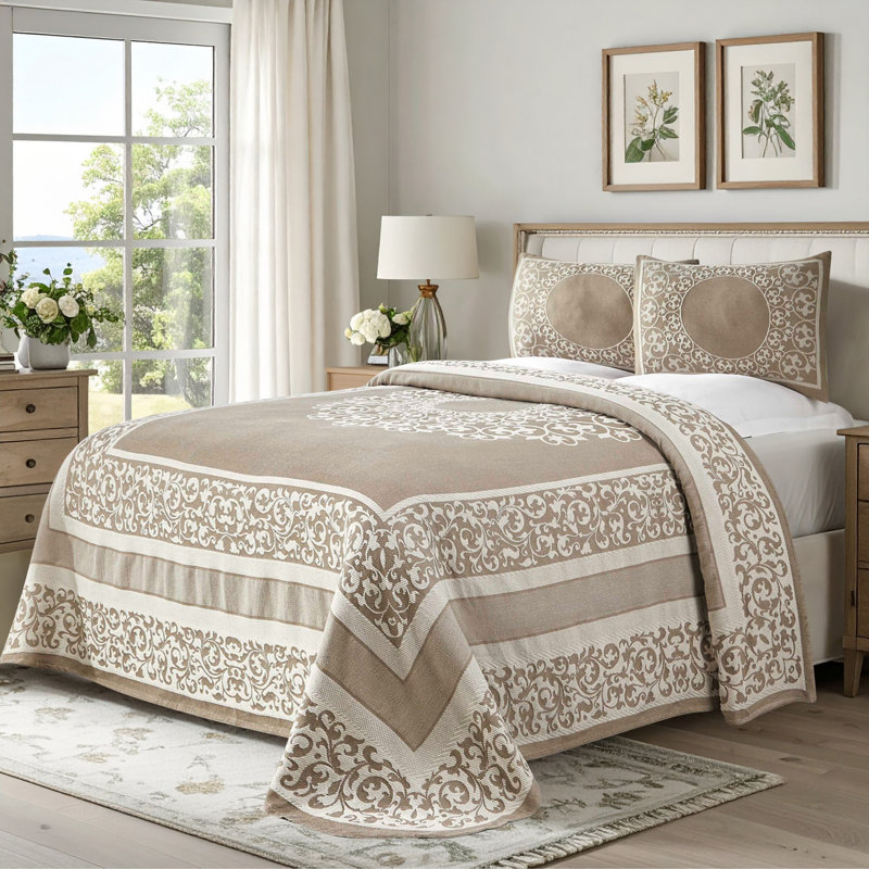 Fifer Lightweight Cotton Blend Oversized Jacquard Farmhouse Mandala Bedspread Set, Taupe, Twin