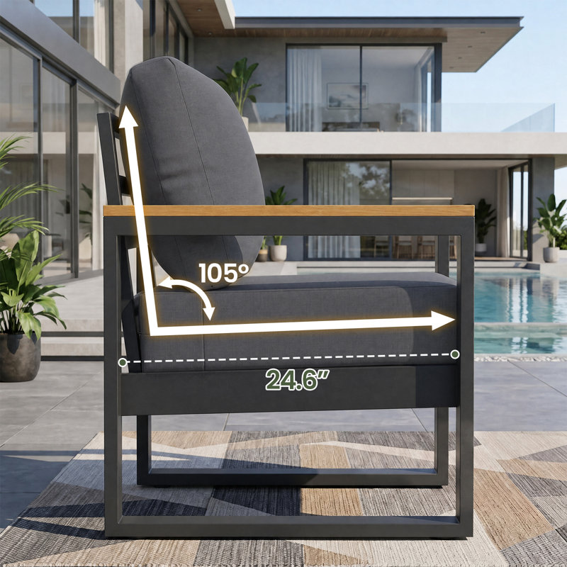 Ensemble de 2 chaises de patio en aluminium avec accoudoirs imitation bois et coussin de 12,5 cm, Gris
