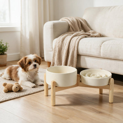 Bols surélevés pour chien, ensemble de bols pour chien en céramique | Bol pour chien 0,9 tasses avec petit plateau, 6,1 po avec support en bois, bol pour nourriture pour chien, antidérapant