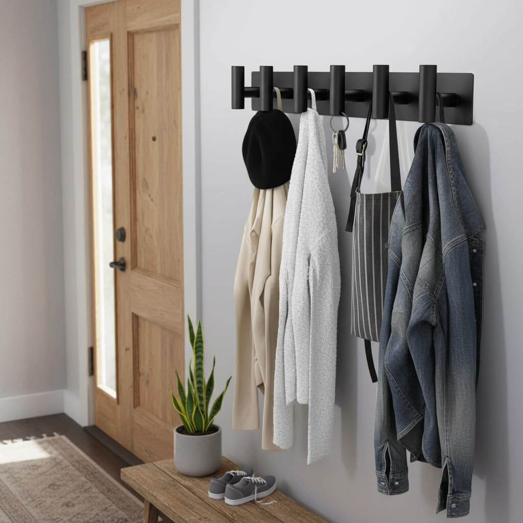 16.54" Black Wall Mounted Coat & Towel Rack - 5 Hooks for Robes/Bags/Keys - Entryway/Bathroom