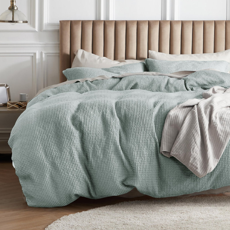 Essential Collection 100% Cotton Waffle Weave Duvet Cover Set, Light Blue, Queen Duvet Cover + 2 Standard Shams