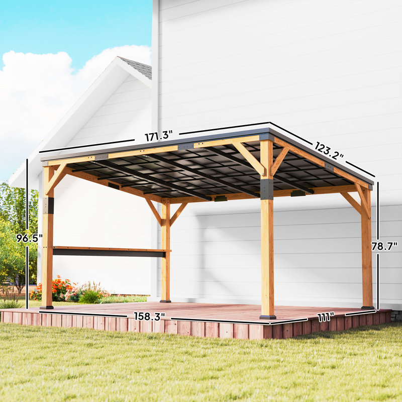 10' x 14' Wooden Gazebo, Hardtop Lean-to Gazebo Pergola with Galvanized Steel Sloped Roof, Bar Shelf, Large Heavy Duty Awning for Patio, Deck, Backyard, Natural Wood