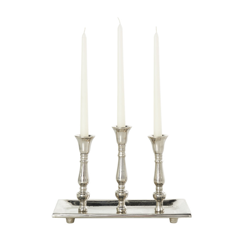 Bougeoir décoratif à 3 bougies en aluminium et métal avec plaque de bougie, Argent