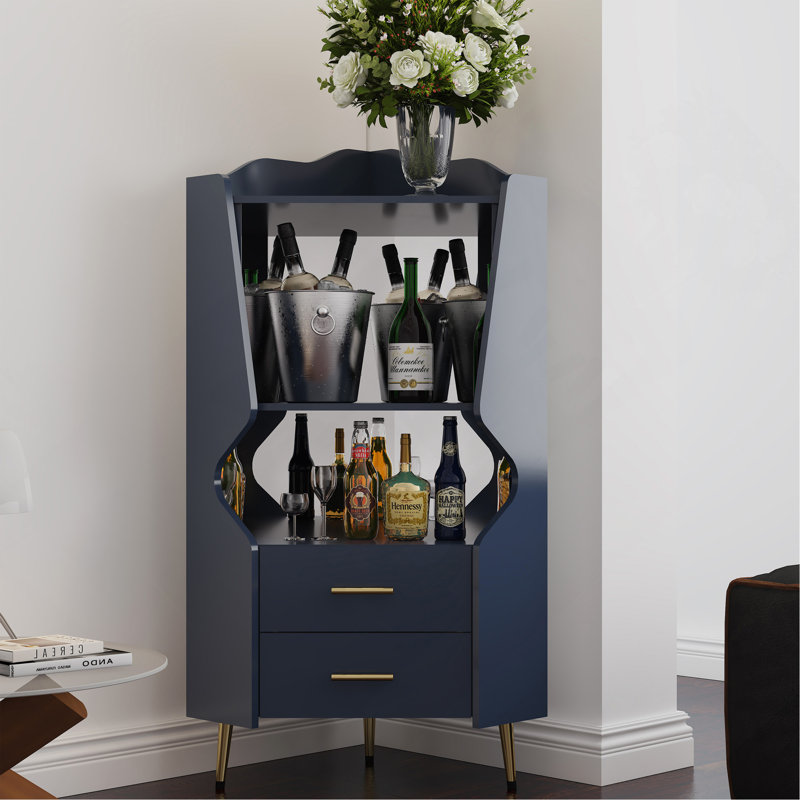 Sideboard Wooden Corner Bar Cabinet With 2 Open Storage Shelves And 2-Drawers, Mirrored Back Cabinet, High Feet/Legs For Easy Cleaning, Buffet Cabinet Blue