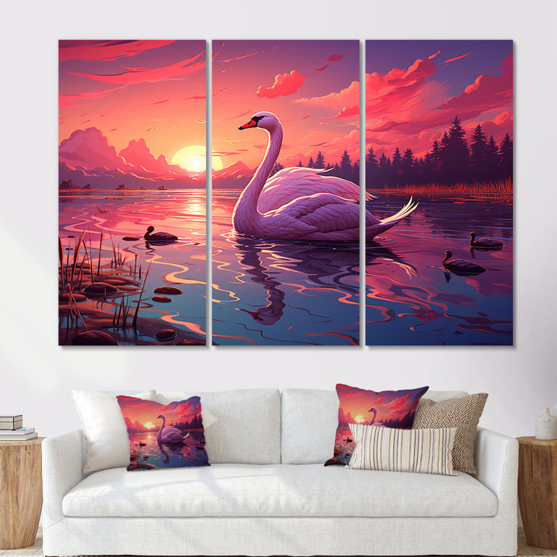 Art indien, Taj Mahal, coucher de soleil, cygne - art mural indien, Toile tendue, H 40 po x l 60 po