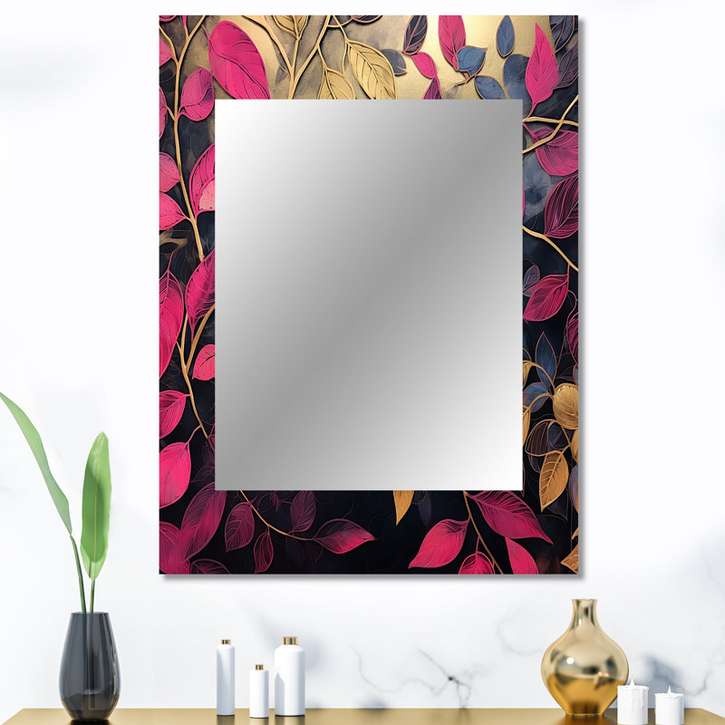 Gold And Pink Leaf Charm In Winter - Leaves Large Mirror, Traditional Unique Wall Mirror Decor, Printed Metal Art, 40" x 30"