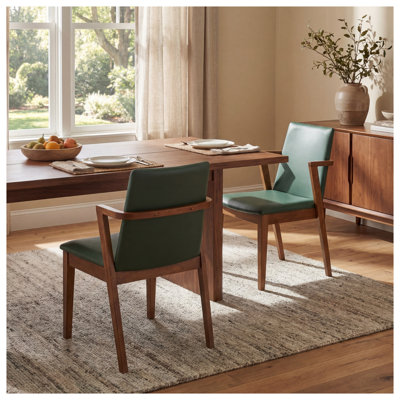 Mid-Century Modern Dining Chair Set of 2, Green PU Upholstery with Walnut Rubber Wood Frame