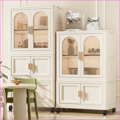 Armoire pliante avec porte magnétique, roulettes et amp; Rangement superposé, l 25,6 po x P 15,8 po x H 57,1 po | Plastique | Blanc crème