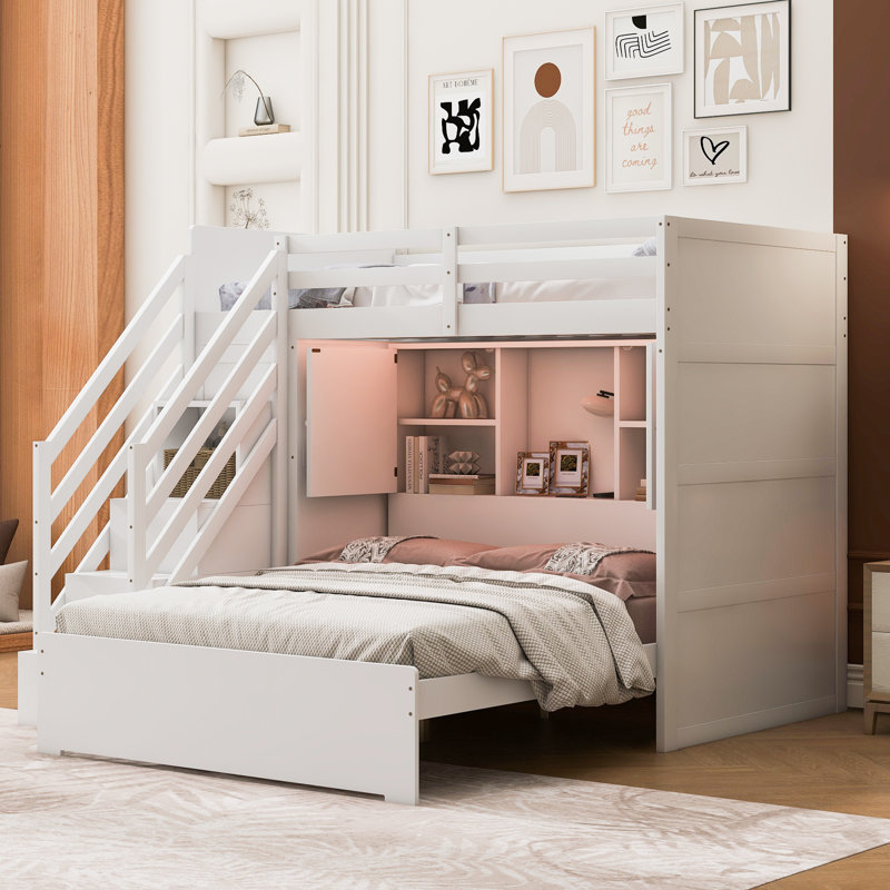 Twin Over Full Bunk Bed, Storage Staircase, Wood, Built-In Wardrobe And USB LED Headboard, Modern & Contemporary, Kids Bedroom