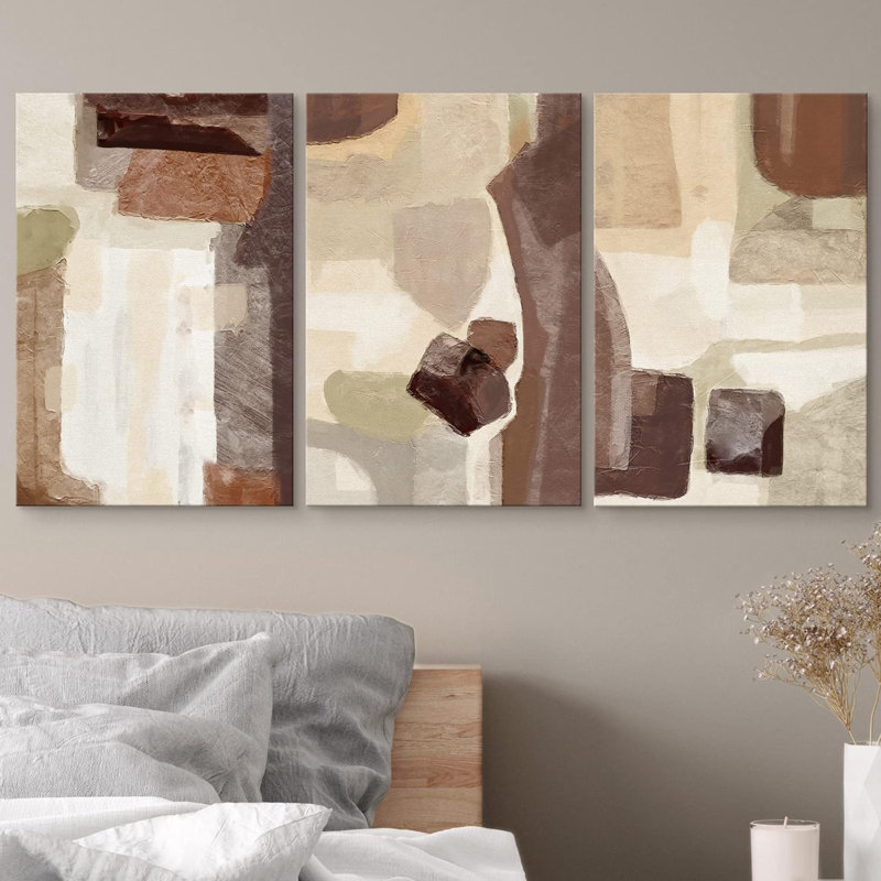 «Grunge Abstract Paint Stroke Effect», impression de motifs abstraits sur fond brun, brun clair et jaune, art moderne bohème sur toile, 3 pièces