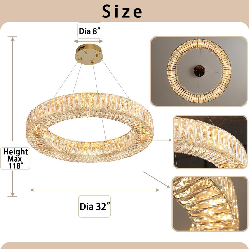 32" Modern Led Ring Crystal Chandelier Adjustable Dimming LED Ceiling Light