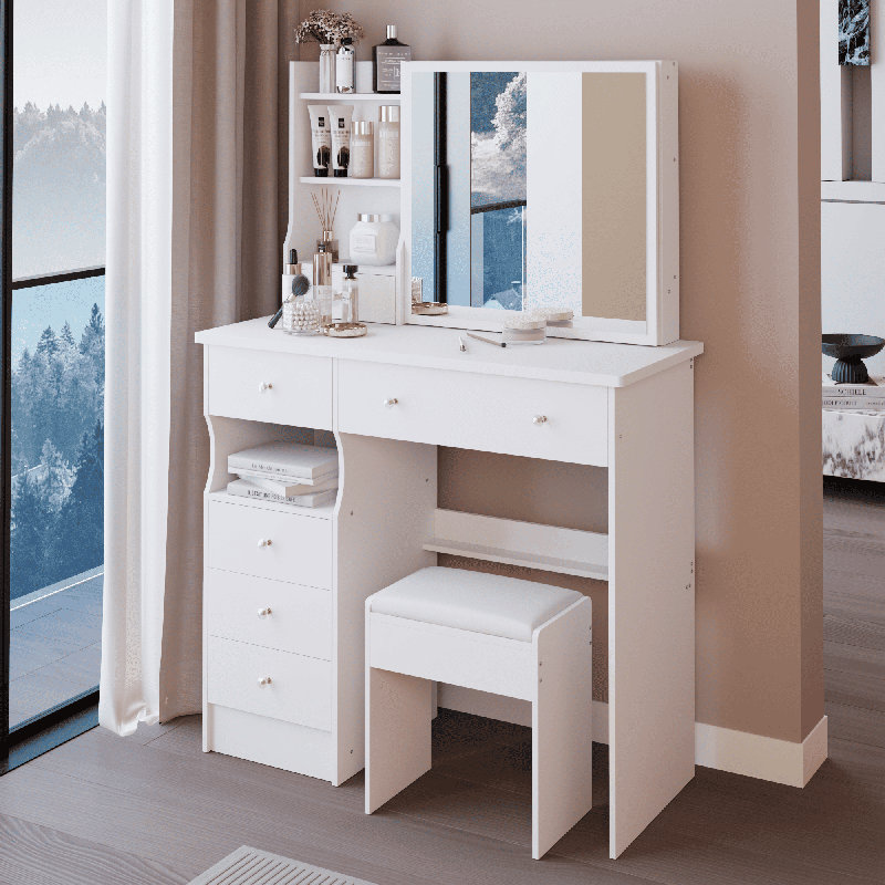 37" Middle Size Left Drawer Desktop Vanity Table + Cushioned Stool, Extra Large Right sliding mirror, Multi Layer High Capacity Storage, Practical Fashionable Dresser, Suitable For Large Space