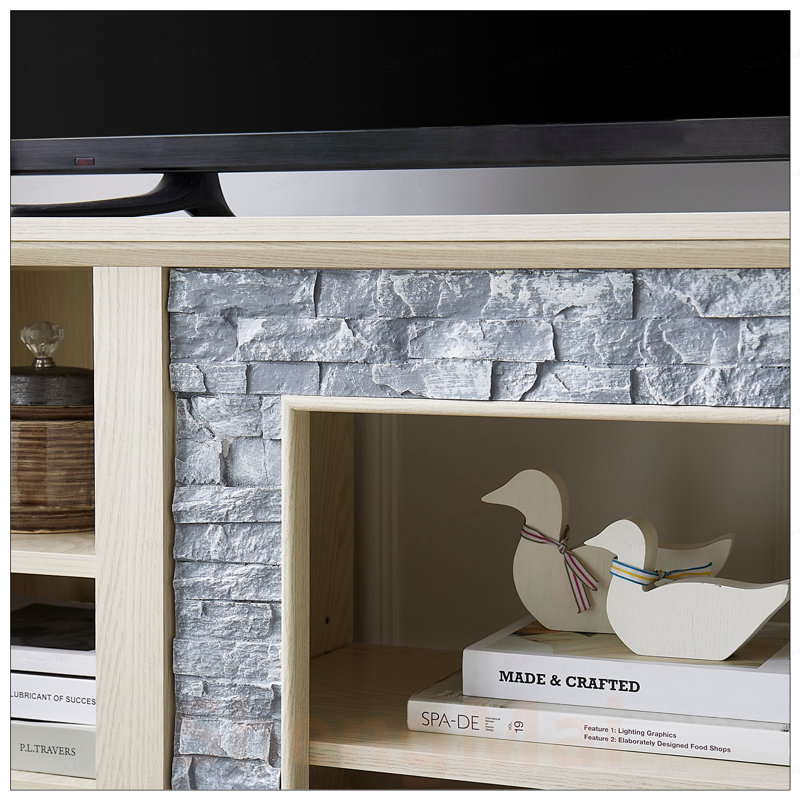 Meuble télé Mantel avec meuble télé en pierre artificielle et console de divertissement moderne avec espace de rangement ouvert