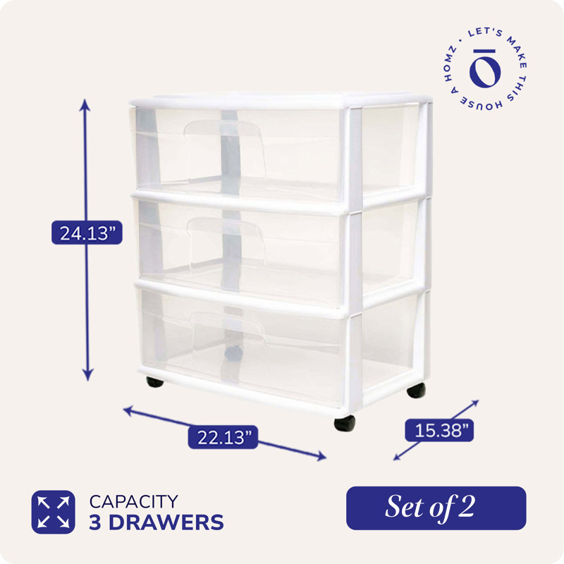 Petite tour de rangement en plastique à 3 tiroirs Homz, blanc, paquet de 2