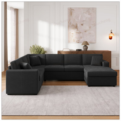 Oversized U-Shaped Sectional Sofa with Chaise Lounge and Soft Throw Pillows for Comfortable Living Room Seating, Light Colour