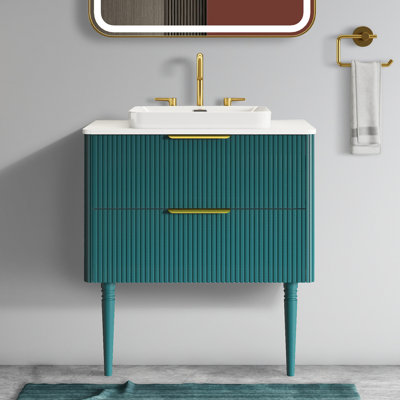 Modern Bathroom Vanity - 30" Aquamarine Striped, Ceramic Sink Included, Double Storage, Smooth Operation 30", Freestanding With Sink, Style, Long-lasting Rust Resistance