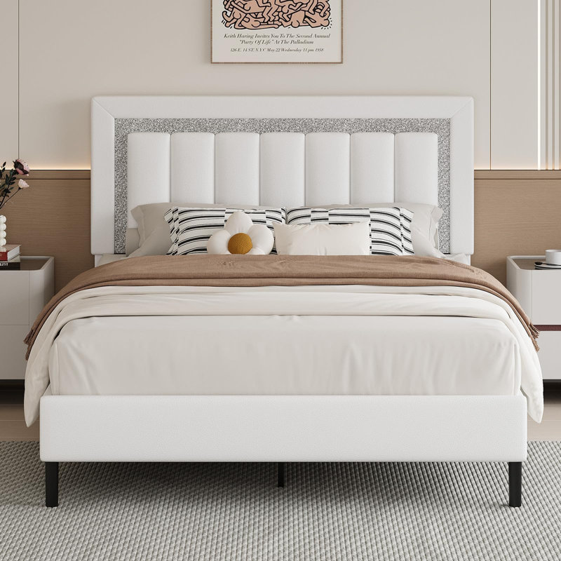 Ensemble de lit plateforme tapissier Diamond, Grand, Blanc