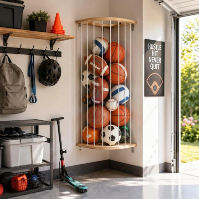 Garage Ball Storage Rack with Wood Frame, Wall Mount Corner Organizer，Wall-mounted ball organizer with elastic rope holds basketballs, footballs, soccer balls and volleyballs to save floor space