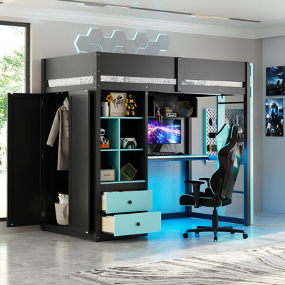 Kids'Loft Bed with Built-in Desk, Wardrobe and Shelves, Workstation with LED Lights and USB Charging, Wood, Modern, Teen's Bedroom