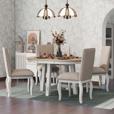 5-Piece Farmhouse Dining Table Set Wood Round Extendable Dining Table And 4 Upholstered Dining Chairs -  Red Barrel StudioÂ®, E5D6AC1C76394FB688E536AC101EC893