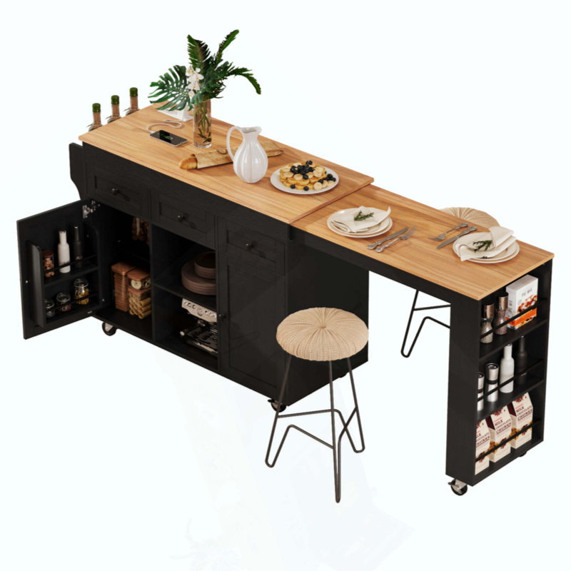 Kitchen Island With Extendable Dining Table, Kitchen Storage Table With 3 Side Open Shelves, Rolling Kitchen Island With Power Outlet, 3 Drawers, 2 Doors, For Kitchen, Dining Room