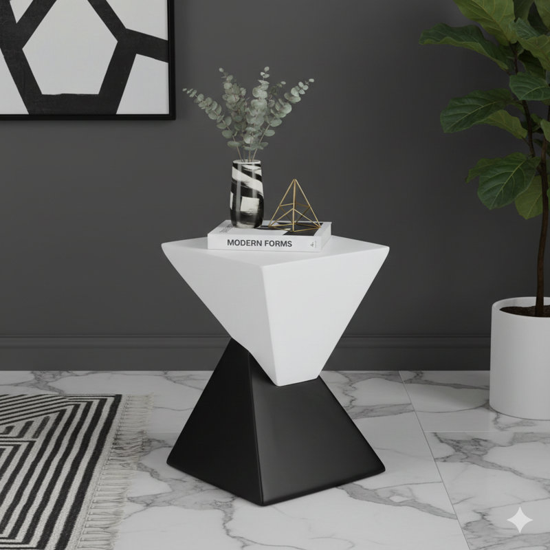 Table d'appoint moderne géométrique MGO au fini bicolore noir et blanc. Une table de bout intérieure / extérieure pour le salon, le patio ou le jardin. Dimensions: H 18 po x l 12,5 po.