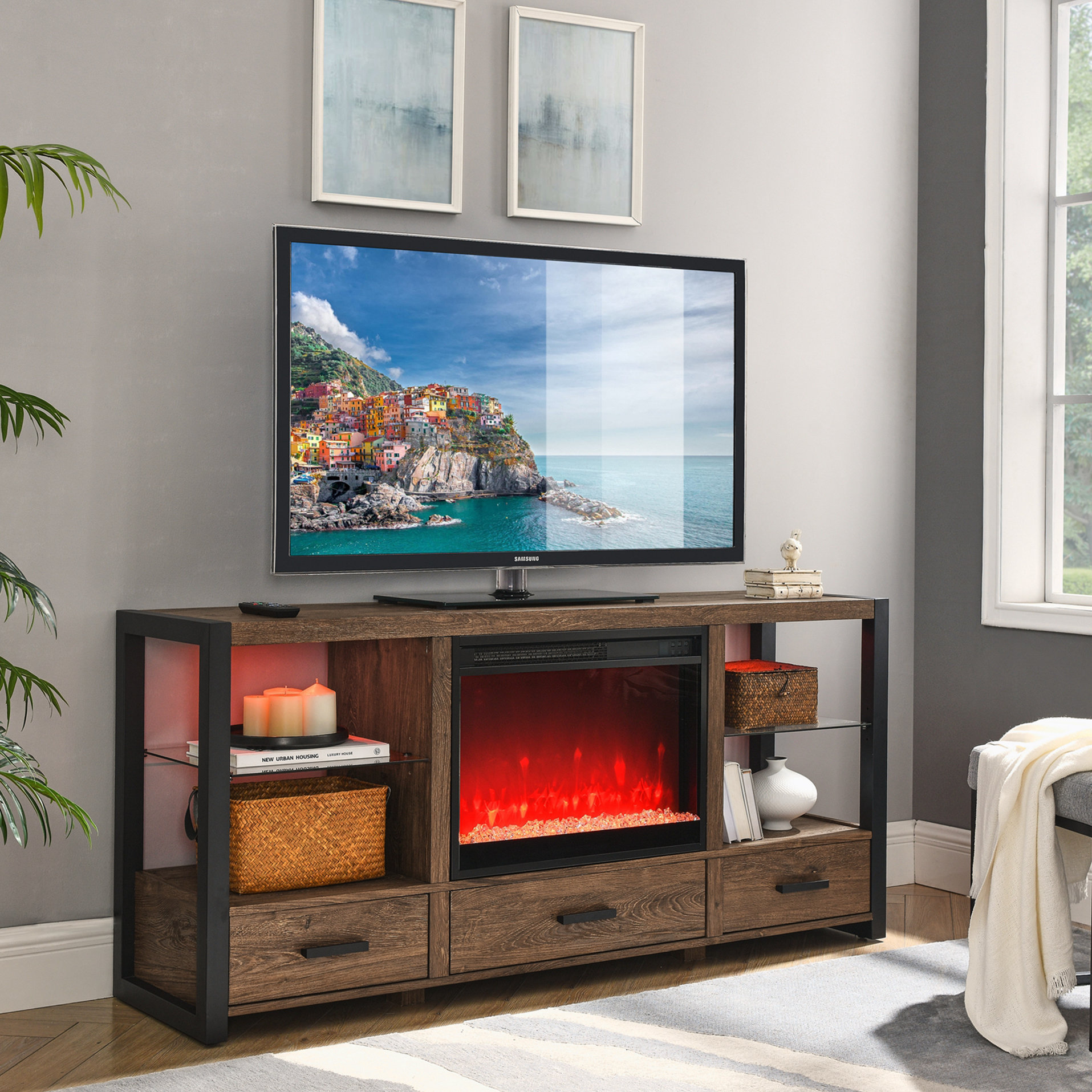 17 Stories 60 inch Electric Fireplace Media TV Stand With Sync