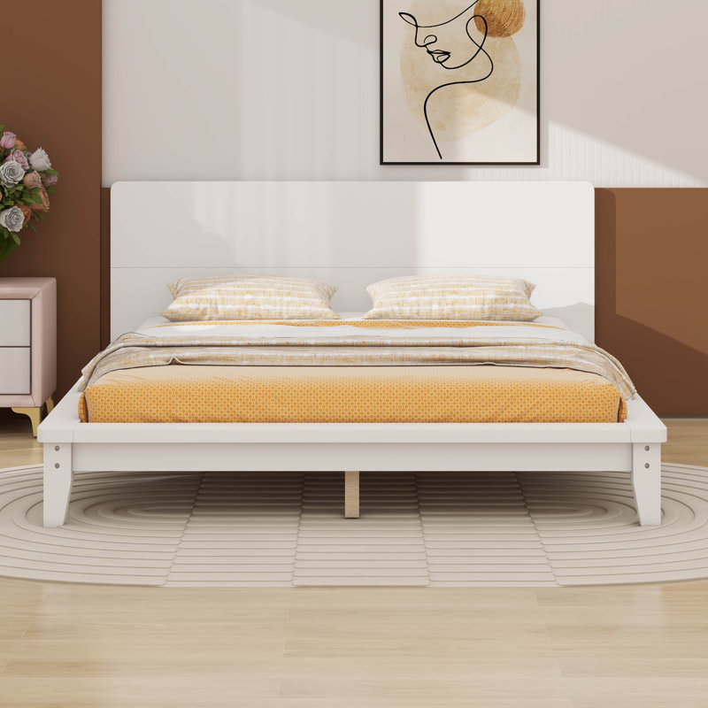 Solid Wood Platform Bed Frame With Headboard, Queen, White
