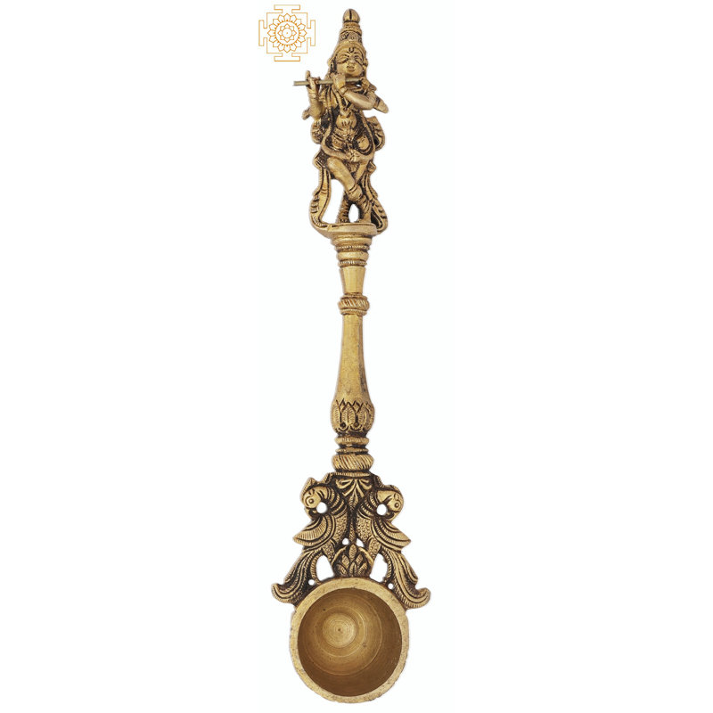 Sculpture cuillère rituelle avec paon Krishna