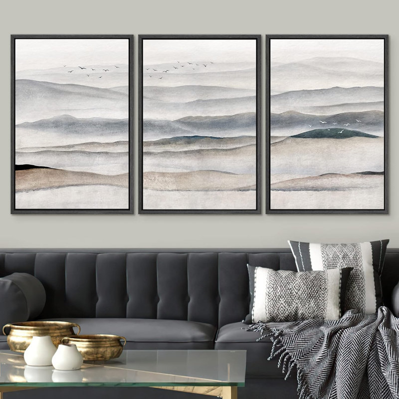 Gris gris brun pastel Mist Mountains, impression sur toile 3 pièces, Noir, H 24 po x l 48 po x P 1,5 po