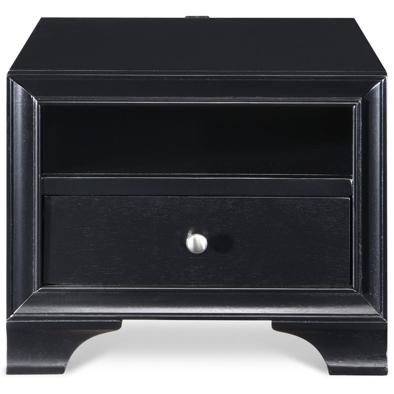 ClickDecor Edmond Wood 1-Drawer Nightstand with USB Charging Station, Black
