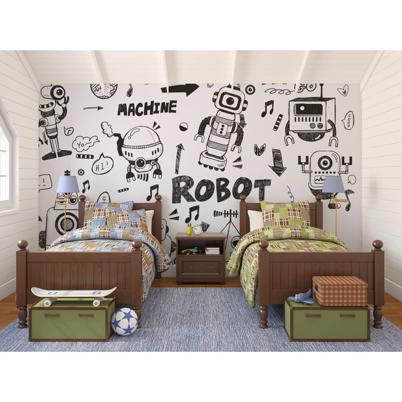 Caricature de robot Doodle, papier peint pour enfants, noir et blanc, L 100 po x l 150 po