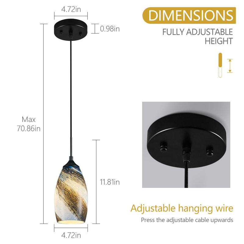 Luminaire suspendu en verre Mini luminaires suspendus bleu étoilé Îlot de cuisine Luminaires modernes à finition noire Appareils d'éclairage réglables pour la cuisine Salon Salle à manger Chambre à coucher Couloir