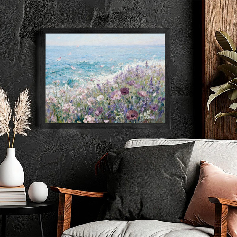 Black Framed Impressionist Wildflower Field Wall Art - Vibrant Floral Landscape Decor Framed Prints, 11" H x 9" W
