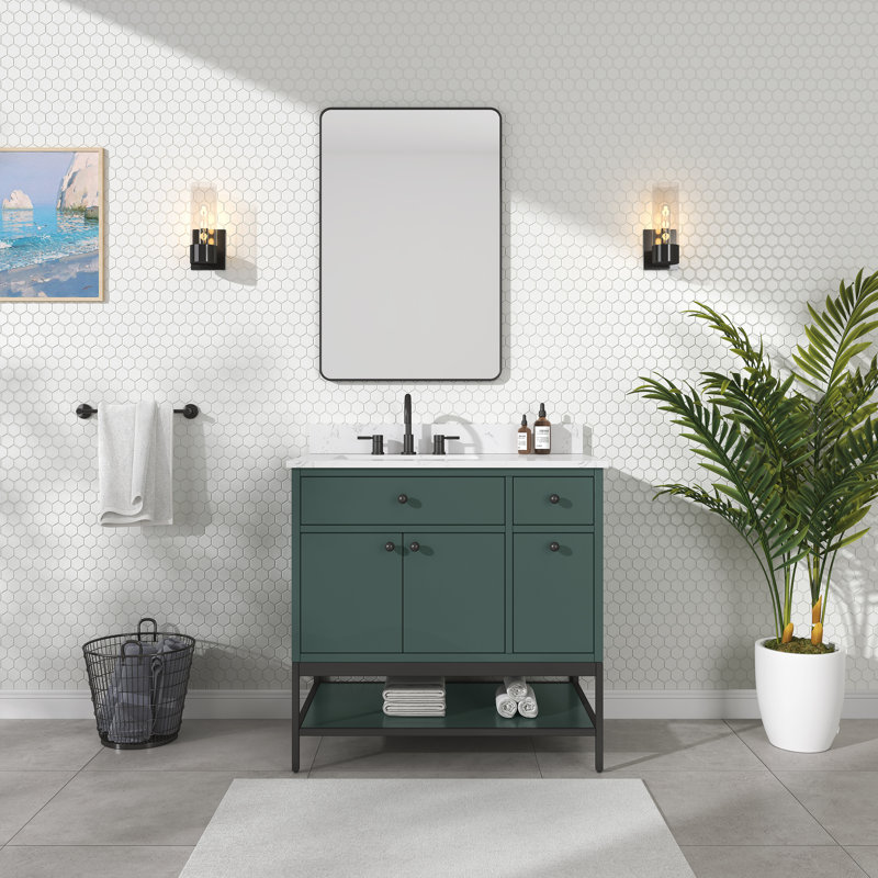 Meuble-lavabo simple 36 po avec plateau en pierre reconstituée Paisley, Vert