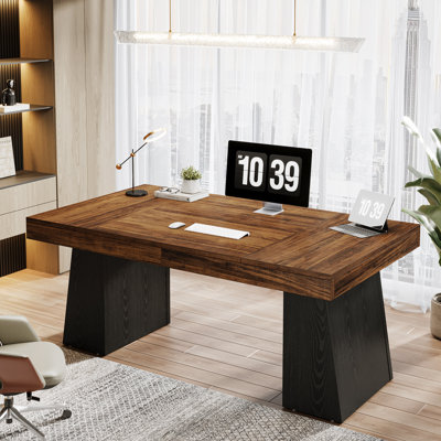 55 po Bureau de direction moderne, bureau d'ordinateur, table de conférence en bois avec double piédestal pour bureau à domicile
