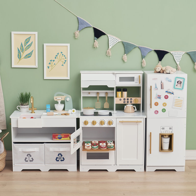 Teamson Kids Little Chef Atlanta Large Modular Wooden Play Kitchen + 17 Accessories and Interactive Toy Appliances - White/Gold