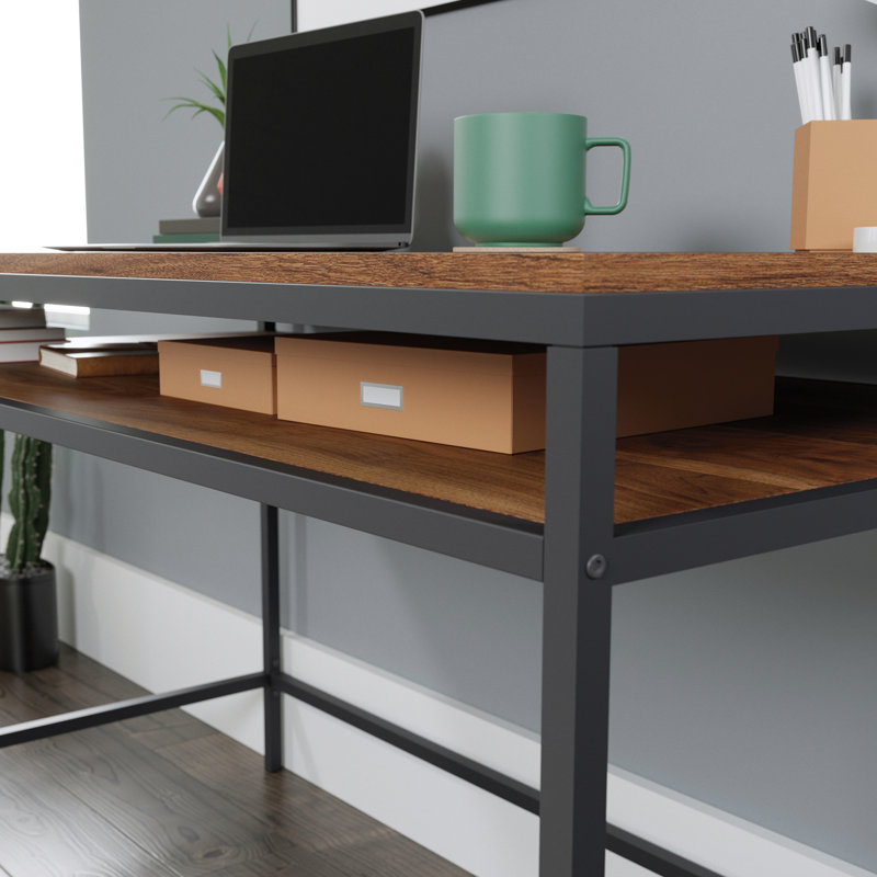 Bureau d'écriture en bois avec structure en métal robuste, noyer foncé