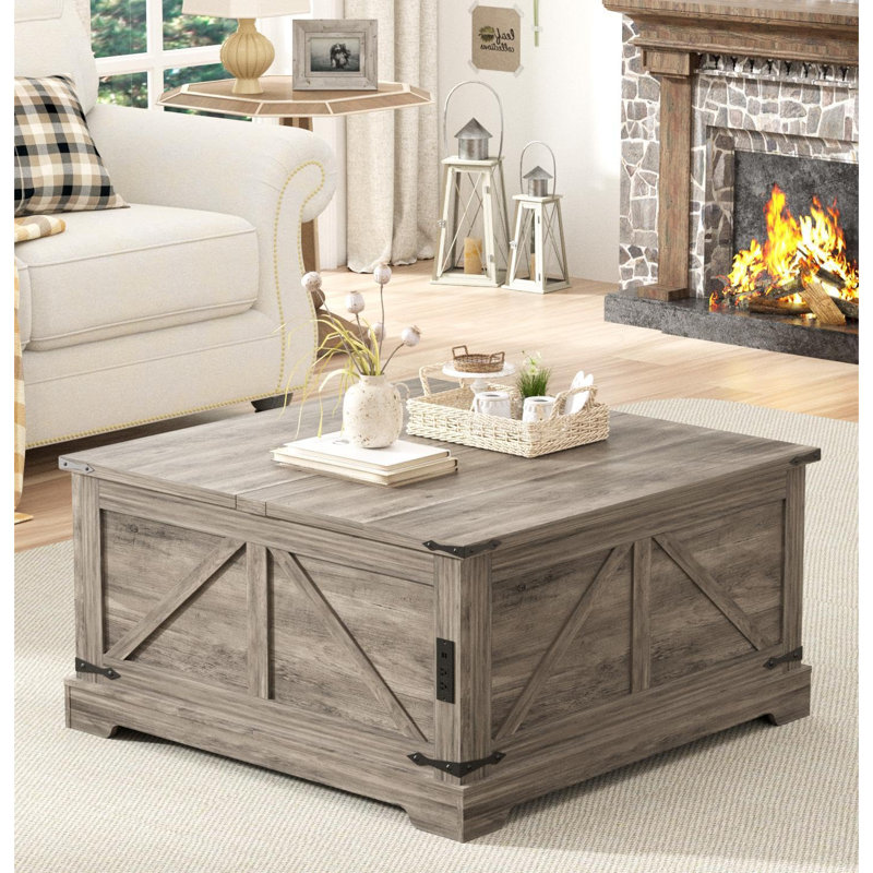 Lift Top Coffee Table With Storage, Rustic Brown, 17.1" H x 32.7" L x 32.7" W