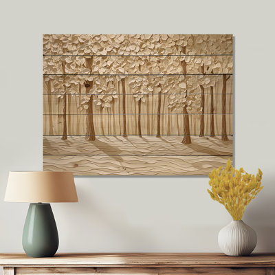 Golden Brown Forest Landscape II - Country Gold Wood Print On Natural Pine Wood