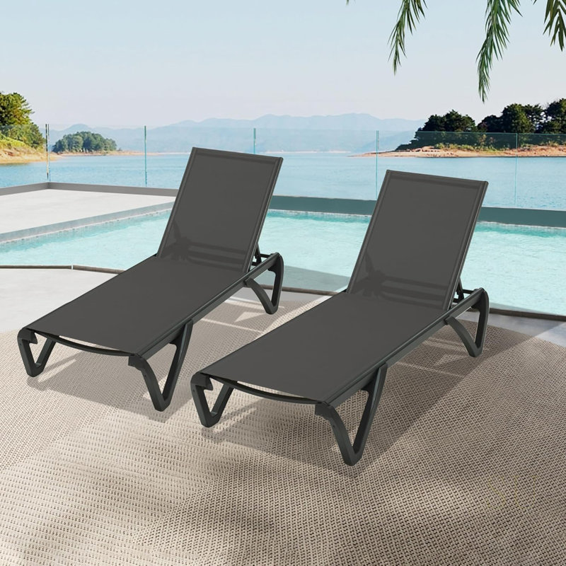 Pool Lounge Chairs Set Of 2, Aluminum Adjustable Outdoor Chaise With Wheels, All-Weather PVC-coated polyester For Deck Lawn Patio Backyard